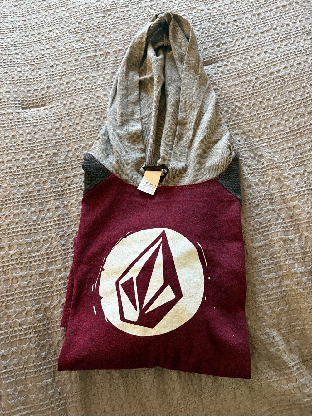 NWT Volcom Youth Large Hooded Long Sleeve Shirt Burgundy Gray Skate Surf YL - Picture 8 of 10